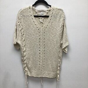 Easel Womens Pullover Sweater Beige Short Sleeve V Neck Lightweight Lace Up